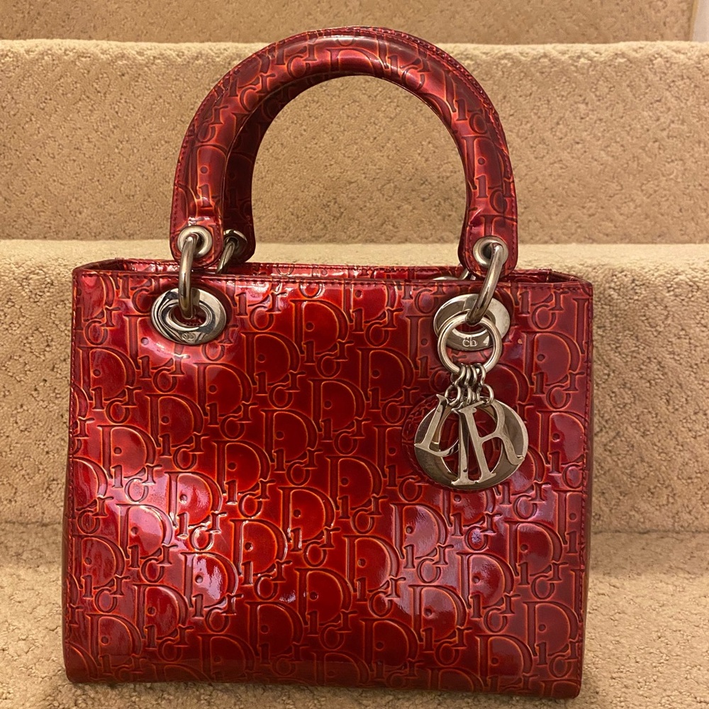 Authentic Dior Red Monogram Embossed Medium Lady - image 1